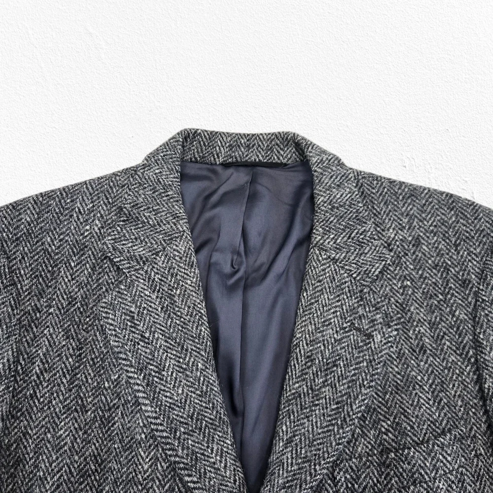 Vintage 50s Harris Tweed Wool Blazer Navy Gray Herringbone USA Made Size 42R